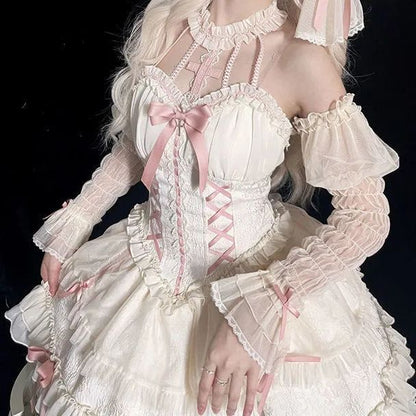 Gothic Lolita 3-Piece — Dark Goth Halter Dress, Long Curly Soft-Girl Wig & Cat-Ear Hairpin