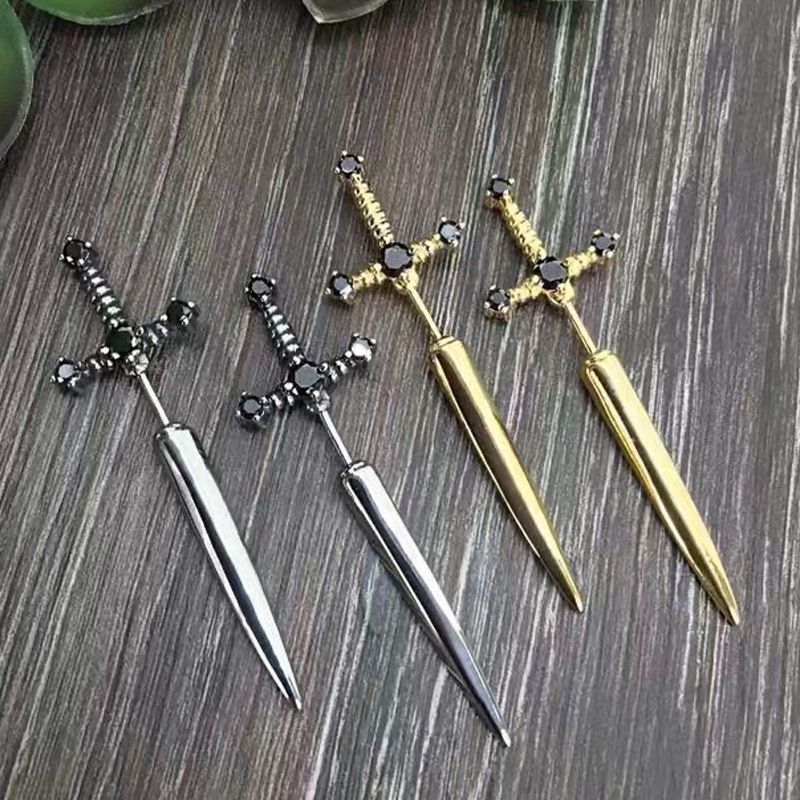 New Gothic Sword Vintage Bright Crystal Dagger Earrings — back view