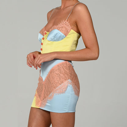 Harajuku Style Street Hipster Color Matching Hollow Sling Breasted Sexy Lace Dress — detail