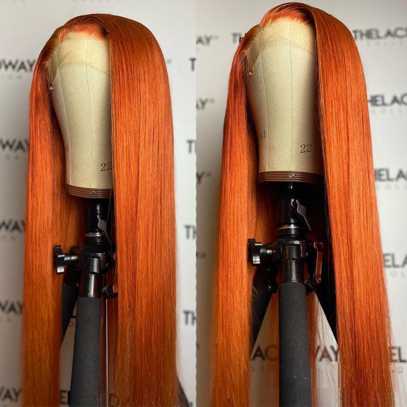 Split-Color Orange Long Straight Wig — back view
