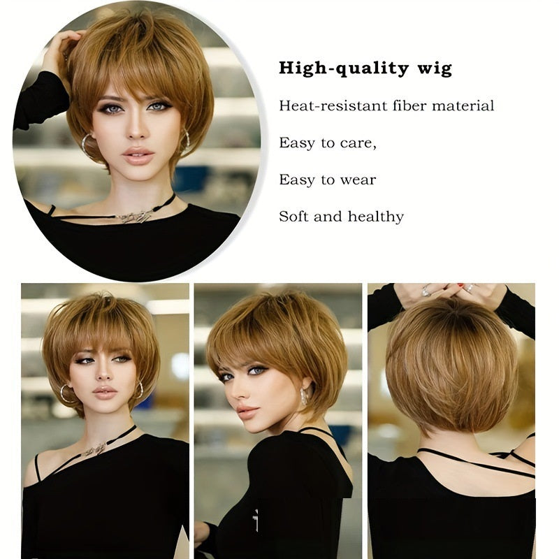 12 Inch Women's Short Brown Bangs Short Bob Wig — side view