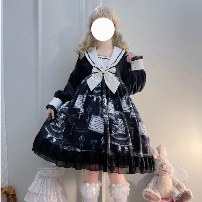 Lolita Dark Black Doll Gothic Long Sleeve Dress — detail