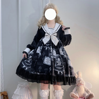 Lolita Dark Black Doll Gothic Long Sleeve Dress — detail