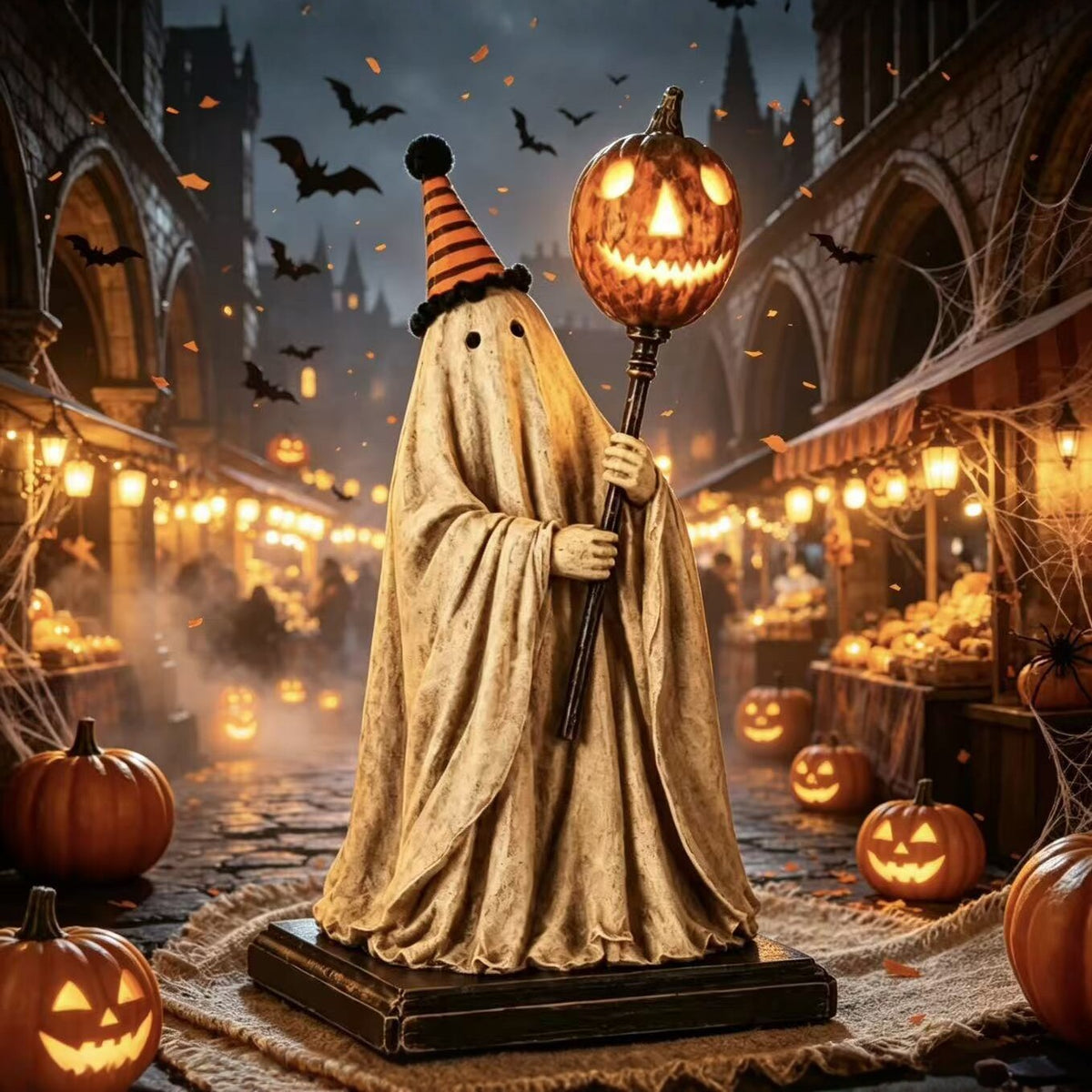 Glowing Pumpkin Wand And Ghost Statue Ornaments — in use