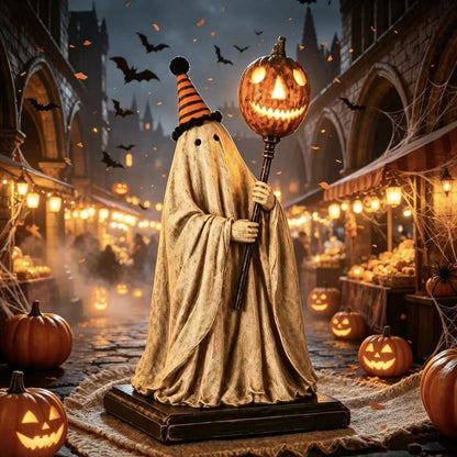 Glowing Pumpkin Wand And Ghost Statue Ornaments — in use