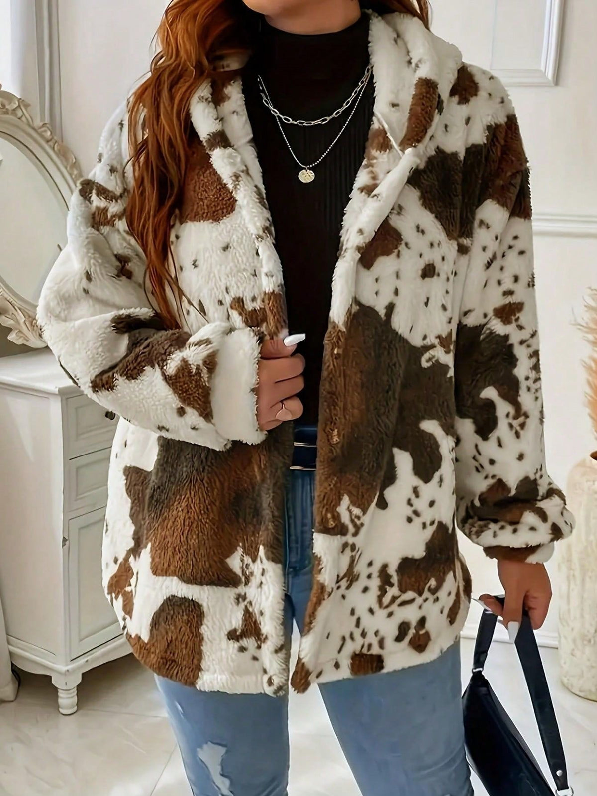 Women's Cow Print Button Plush Coat, New European & American Casual Fashion Hoodie — side view