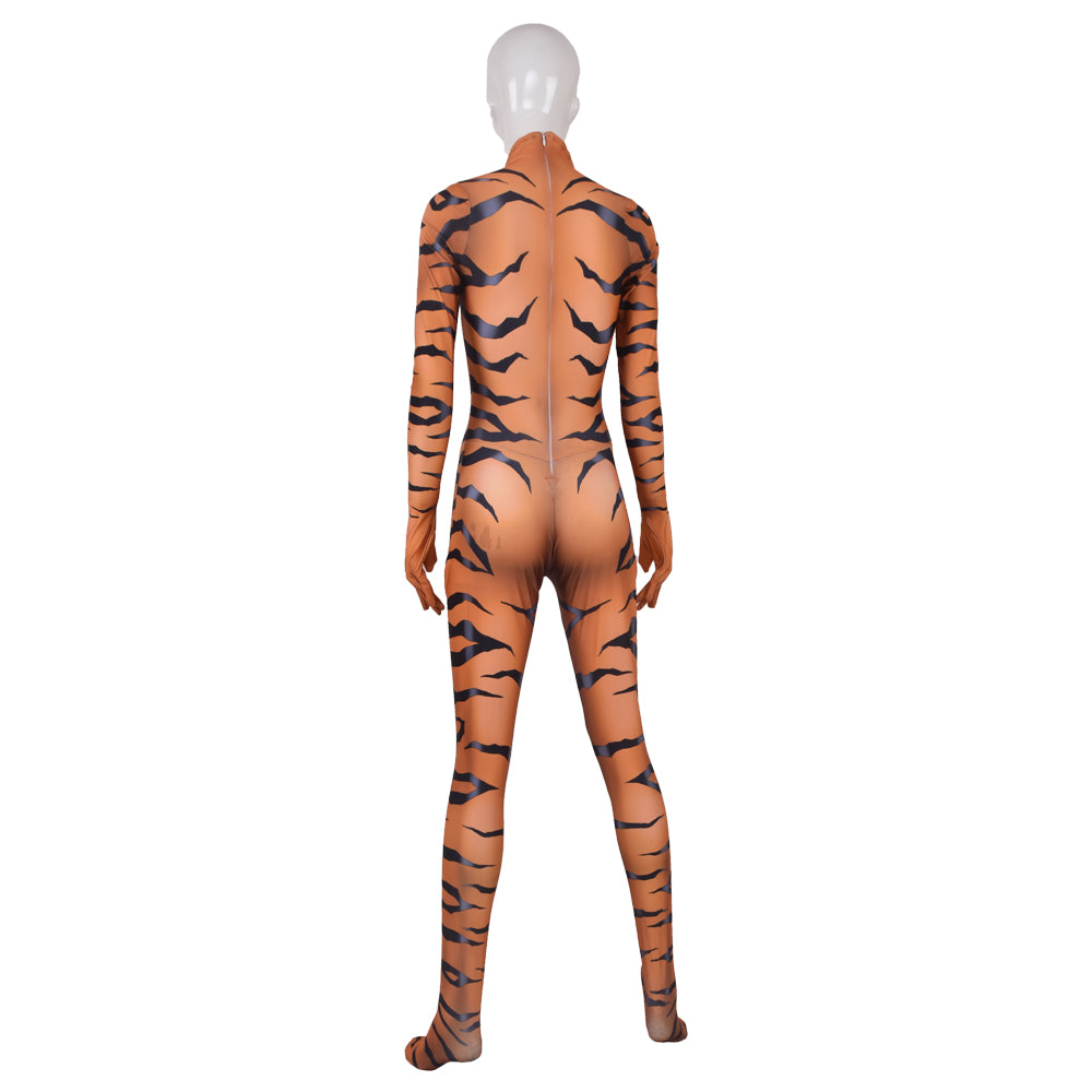 Halloween Girls Red Black Cat Cosplay Tiger Print Bodysuit — back view