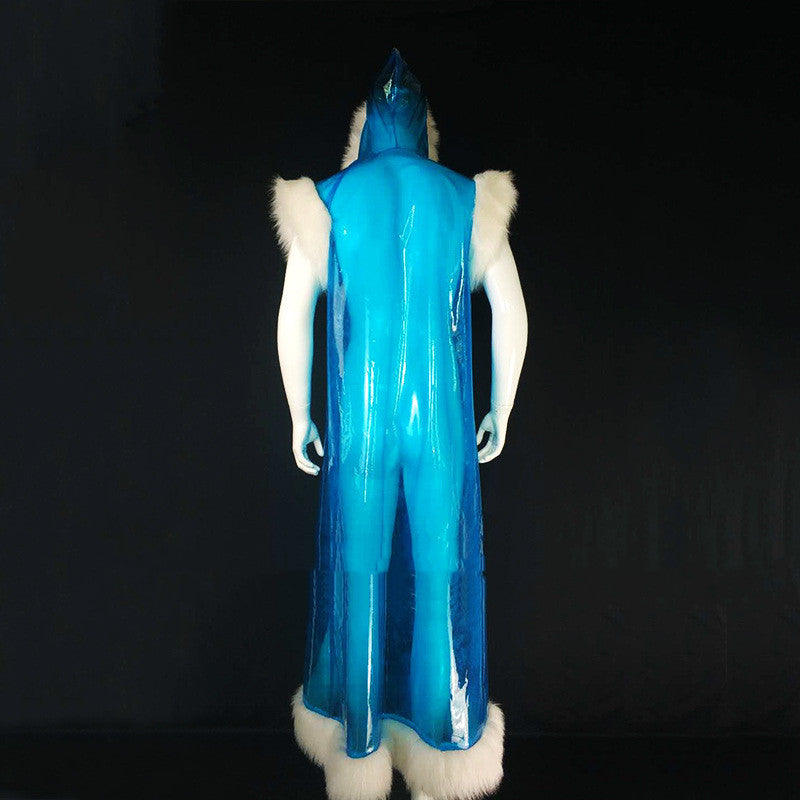 Long Pu Leather Fur Stitching Performance Costume Cosplay Anime — back view