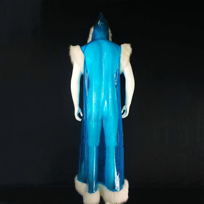 Long Pu Leather Fur Stitching Performance Costume Cosplay Anime — back view