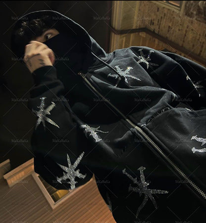 Rhinestone Gothic Streetwear Green Zipup Hoodie — side view