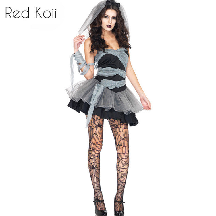 Haunted Wedding Cosplay 3-Piece — Ghost Bride Gown, Zombie Bride Suit & White Wig Set — back view