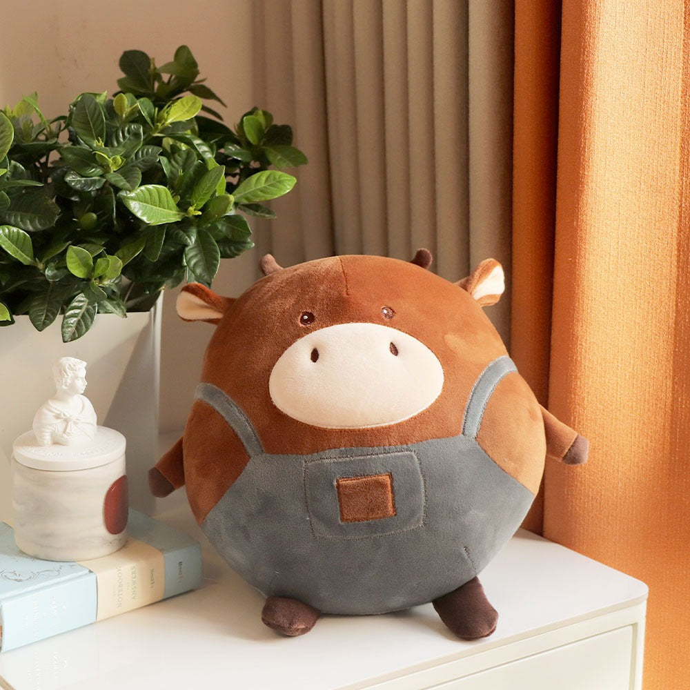 New Original Brown Cow Pillow Suspender Pants Denim Cow Round Rolling Plush Doll — scale reference