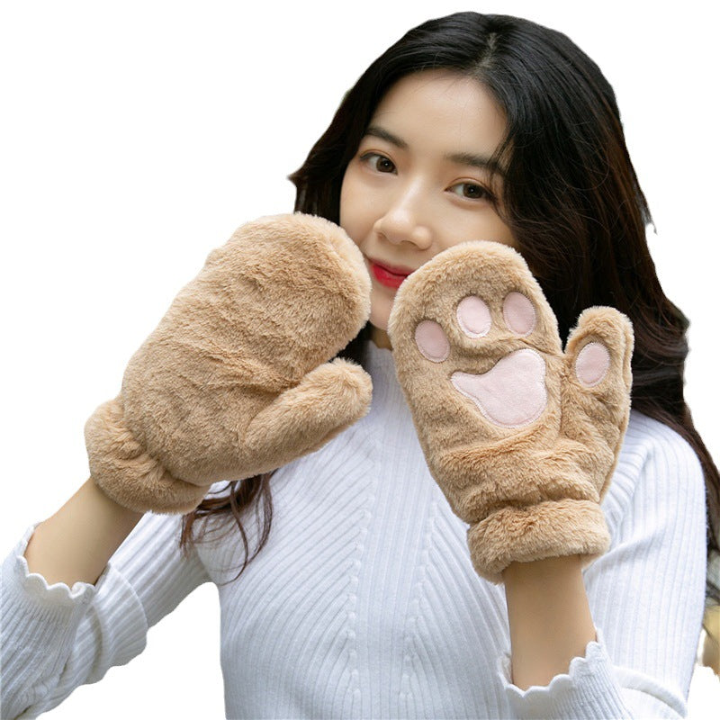 Cat's Paw Cute Plush Thickened Winter Women's Gloves — side view