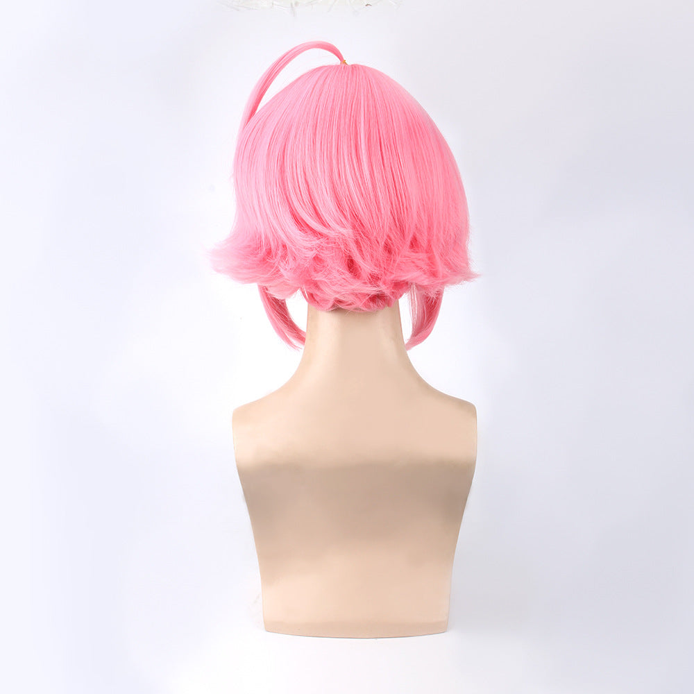 Pink upturned cosplay wig — in use
