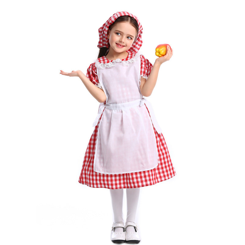 Halloween Fairy Tale Cosplay Lace Red Plaid Beer Outfit Little Maid Farm Costume