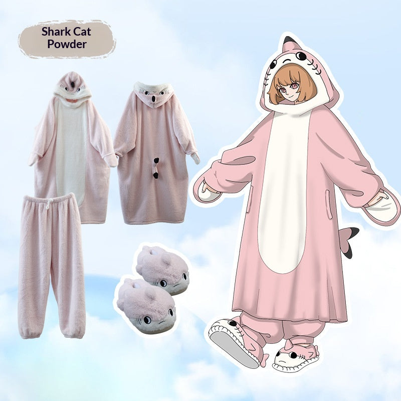 Anime Cartoon Funny Shark And Cat Onesie Pajamas Cute Cozy Loungewear Set — in use