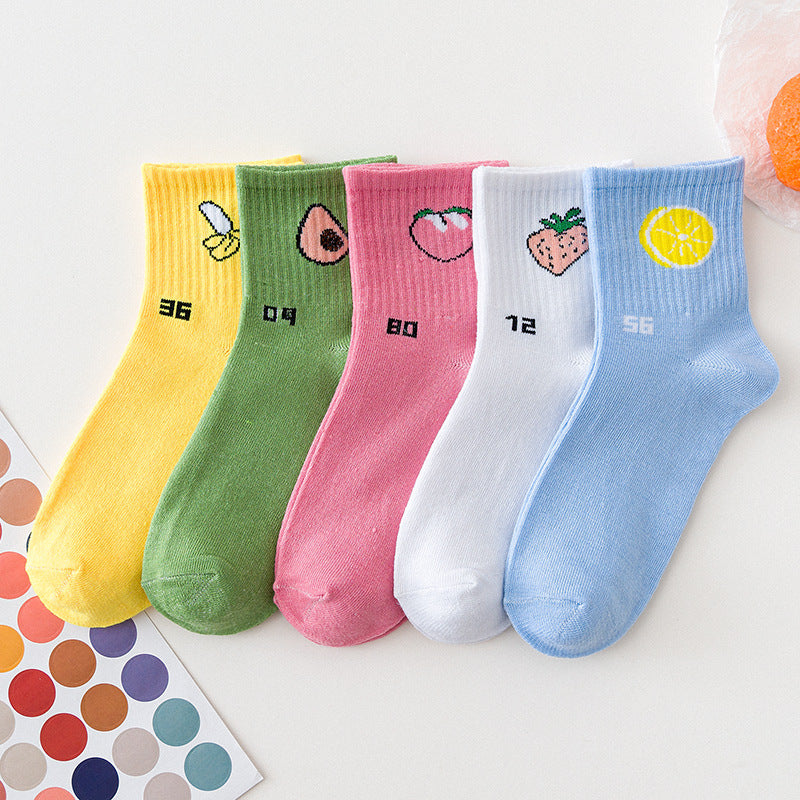 Female Cartoon Fruit Thigh High Socks — side view