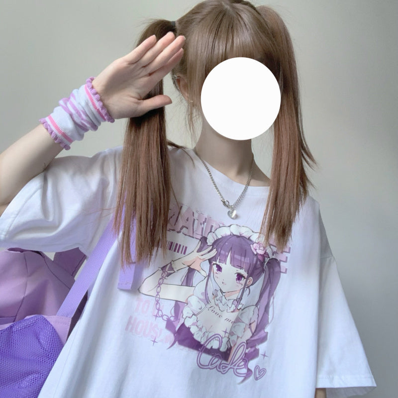 Anime Print White Short Sleeve T-Shirt Women — side view