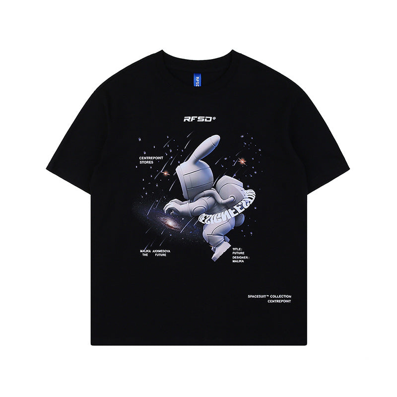 Street Anime Moon Rabbit Print Loose Men's T-shirt — side view