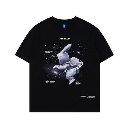 Street Anime Moon Rabbit Print Loose Men's T-shirt — side view