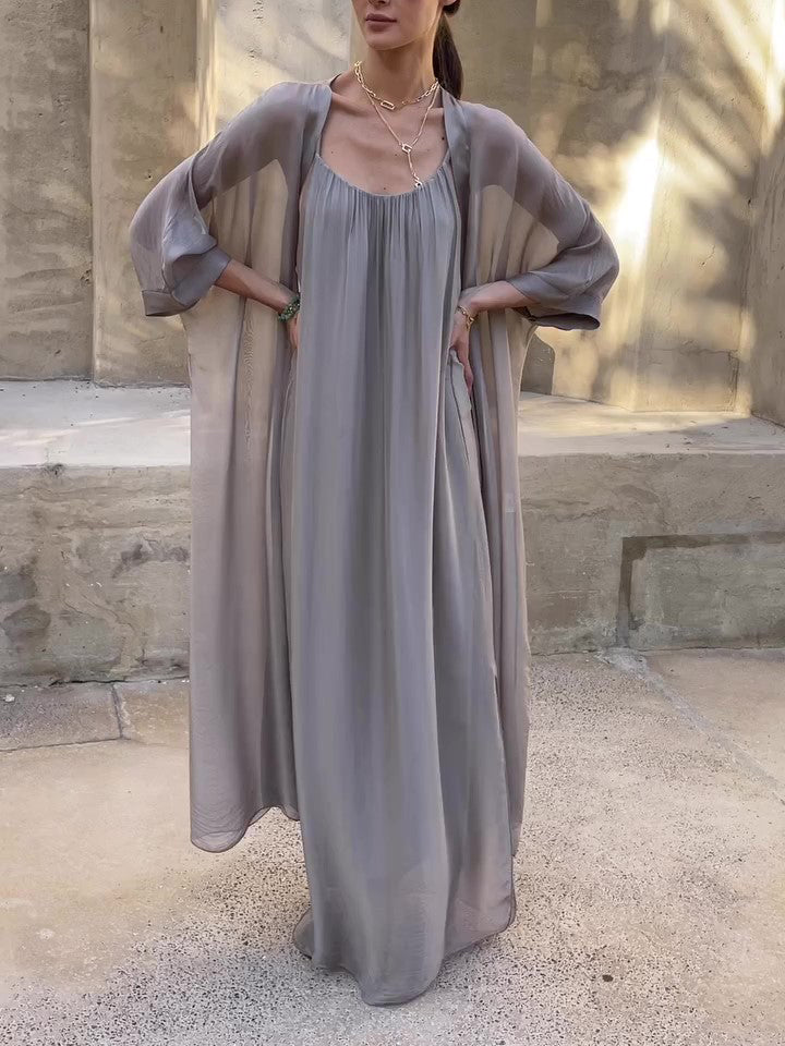 Spaghetti Strap Maxi Dress & Batwing Sleeve Long Kimono Two-Piece Set — back view