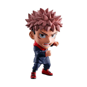 Chibi Yuji Itadori figure from Jujutsu Kaisen — 3-inch Bandai Chibi Masters chibi Itadori with pink spiky hair, navy Jujutsu High uniform and red trainers, fists raised
