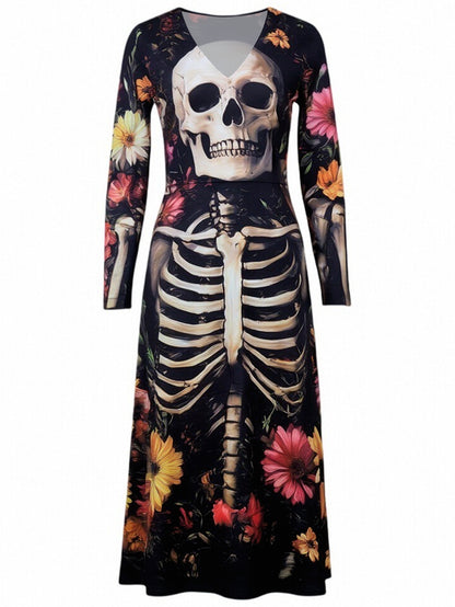 Halloween Skull Print Witch Wizard Costume Dress - Women's Gothic Fantasy Party Outfit for Cosplay — back view