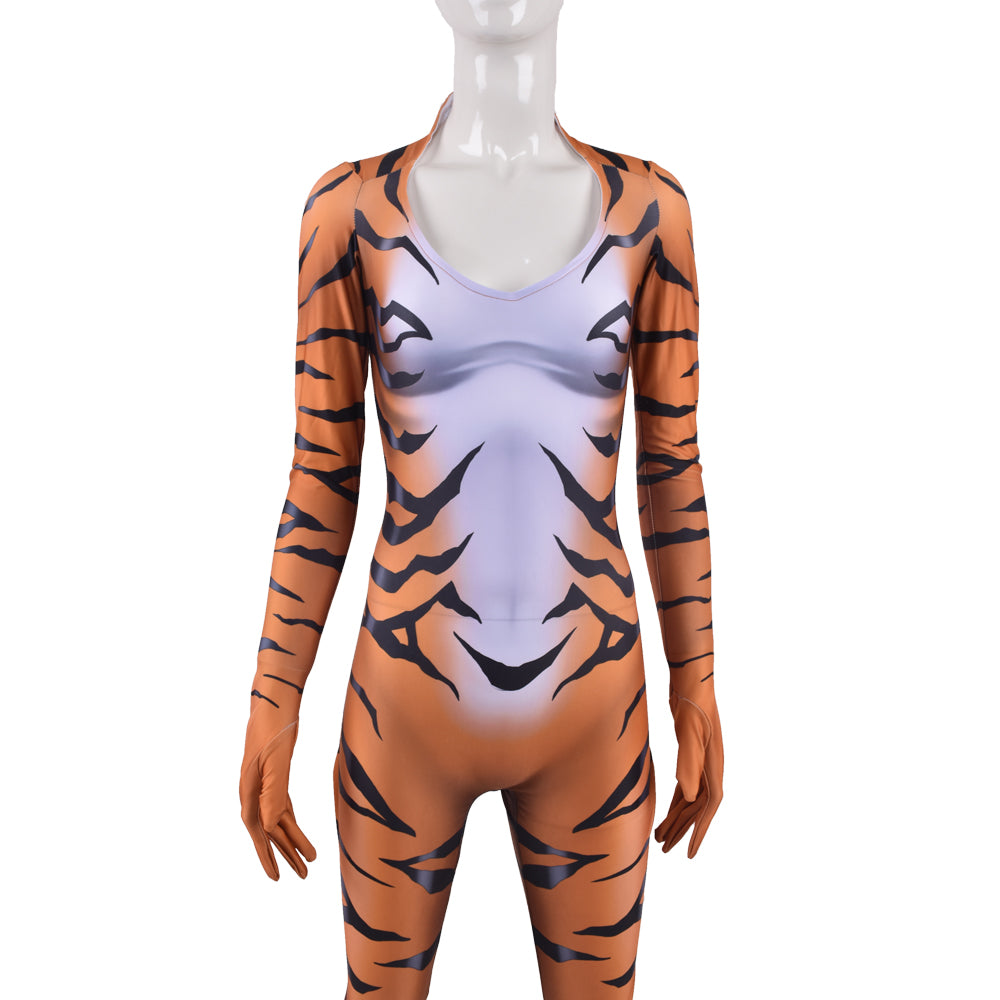 Halloween Girls Red Black Cat Cosplay Tiger Print Bodysuit — back view