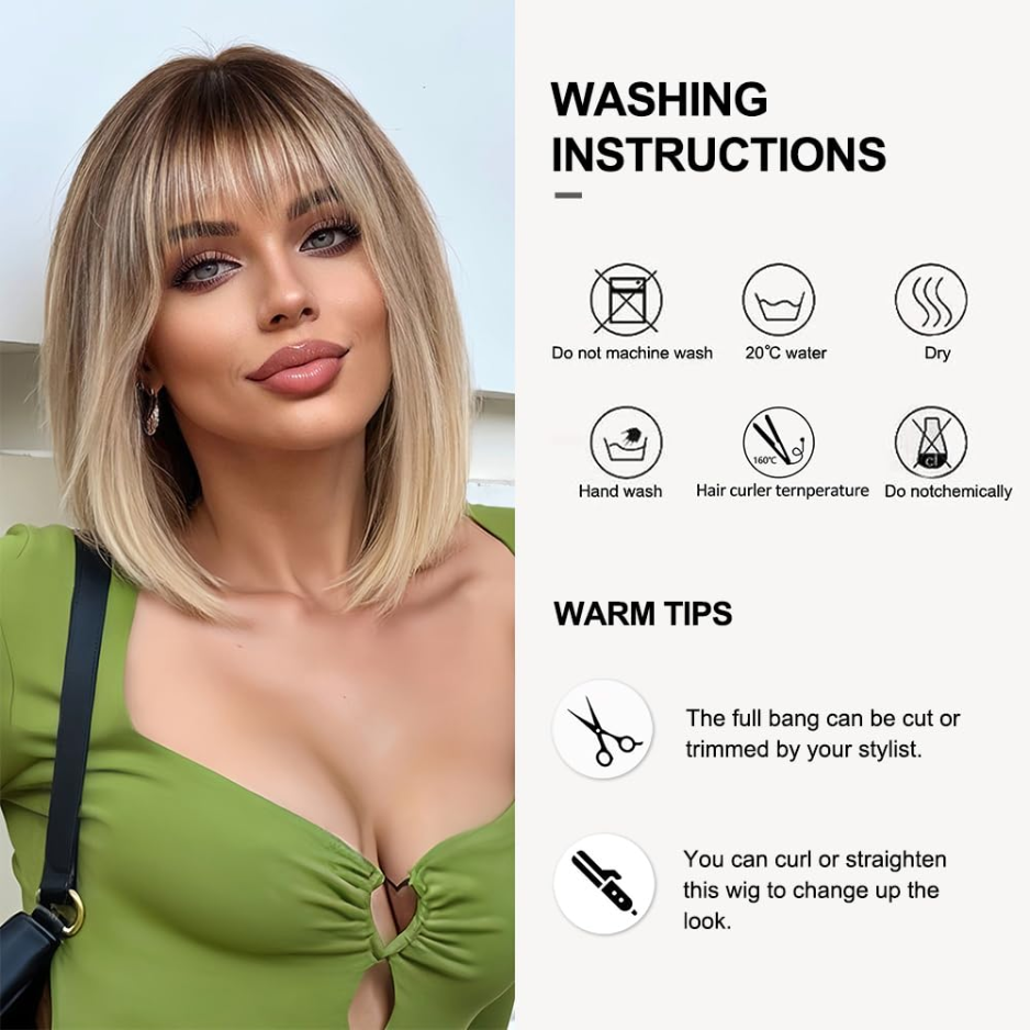 Blonde Wig With Bangs Short Bob Straight Wig For Women Synthetic Hair Wigs For Daily Party Cosplay Wear — side view