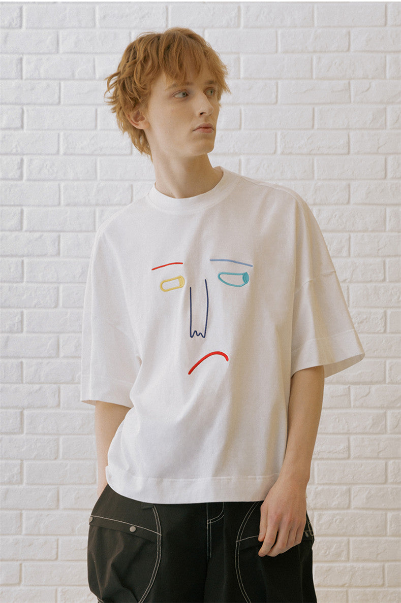 T-shirt Male Couple Female Tide Brand Fashion Simple Casual Embroidery Anime Round Neck — back view