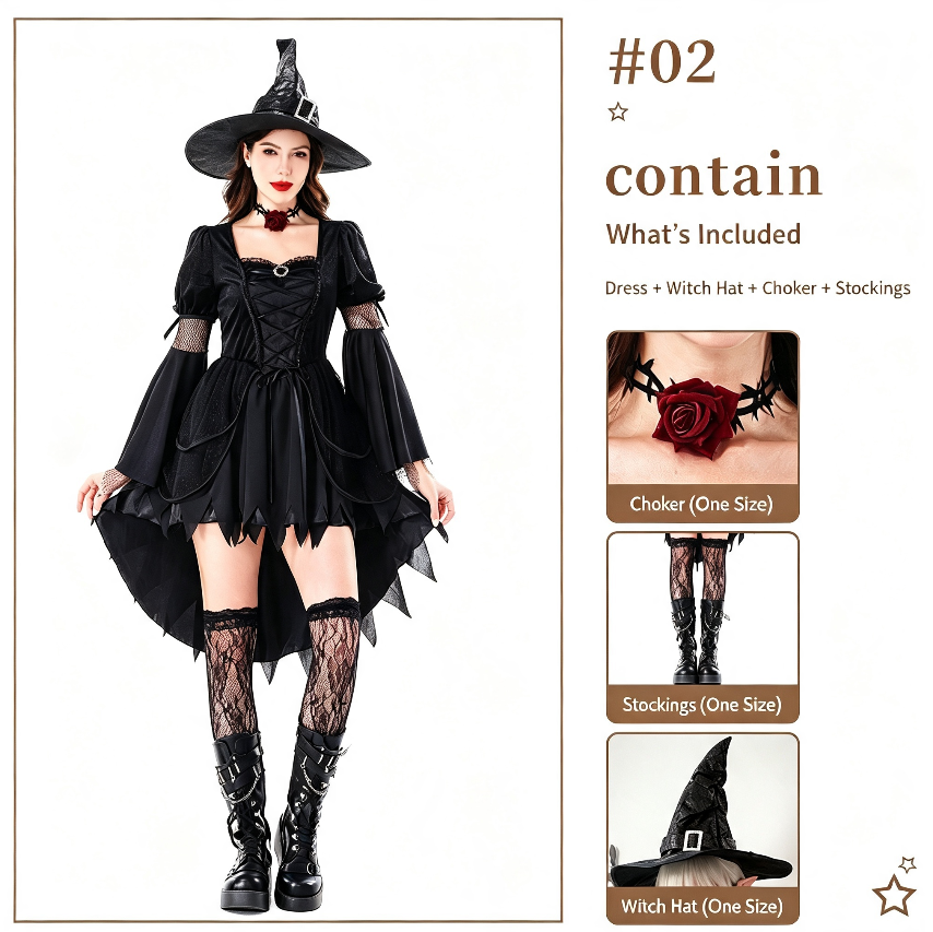 Women Gothic Witch Halloween Costume, Black Irregular Hem Witch Dress With Witch Hat, Dark Forest Sorceress — packaging