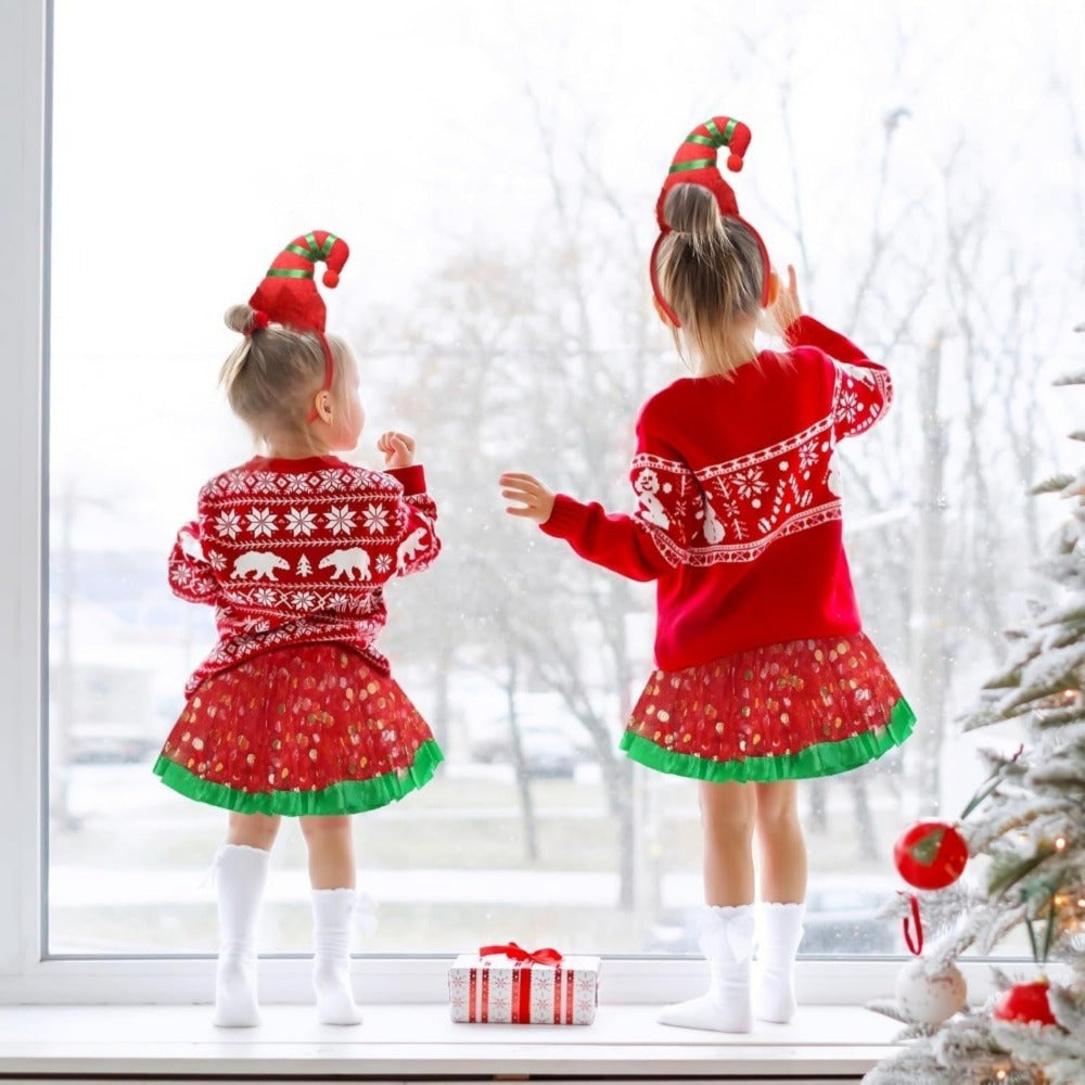 Christmas Elf Costume, 2-Piece Red-and-Green Elf Set With Headband & Polka-Dot Skirt, Festive Christmas Outfit — back view