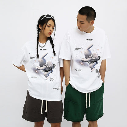 Street Anime Moon Rabbit Print Loose Men's T-shirt