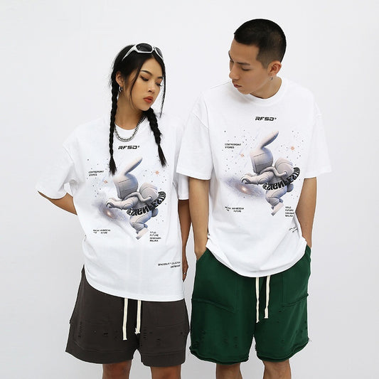 Street Anime Moon Rabbit Print Loose Men's T-shirt