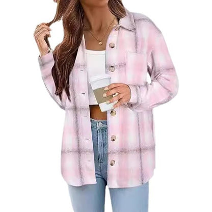 Fashionable Jacket Women's Brushed Woolen Jacket Plaid — back view