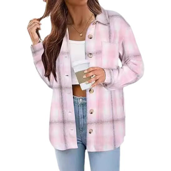 Fashionable Jacket Women's Brushed Woolen Jacket Plaid — back view