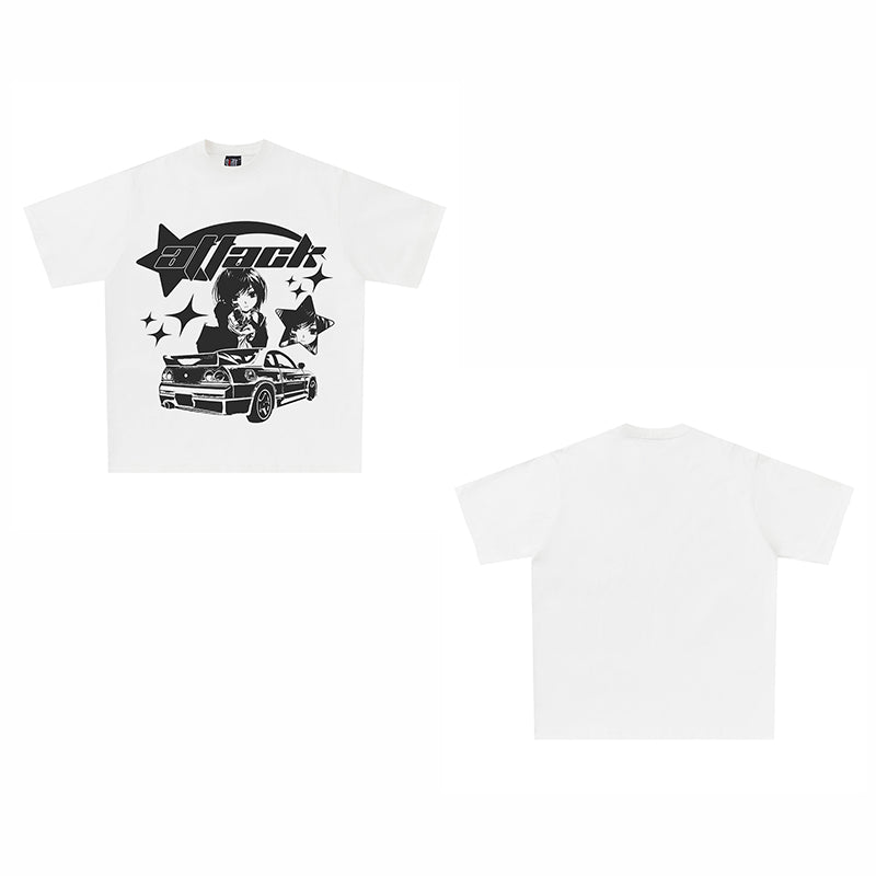 Retro White Short Sleeve T-shirt Loose Pattern Fashion Brand Harajuku Anime Half Sleeve Top — scale reference