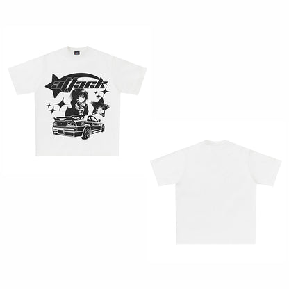 Retro White Short Sleeve T-shirt Loose Pattern Fashion Brand Harajuku Anime Half Sleeve Top — scale reference