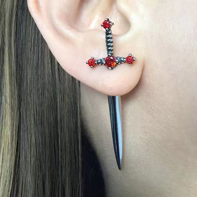 New Gothic Sword Vintage Bright Crystal Dagger Earrings — detail