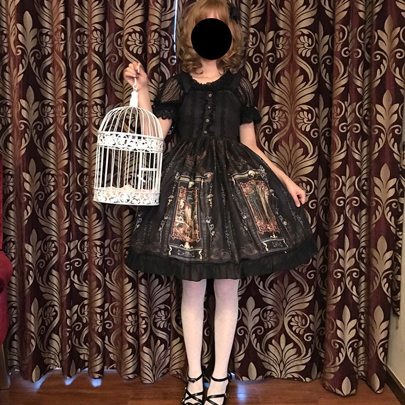 Gothic Lolita Dress Woman Vintage Kawaii Chiffon Palace Princess Party Wear Lantern Sleeve Printed Cute Cosplay — back view