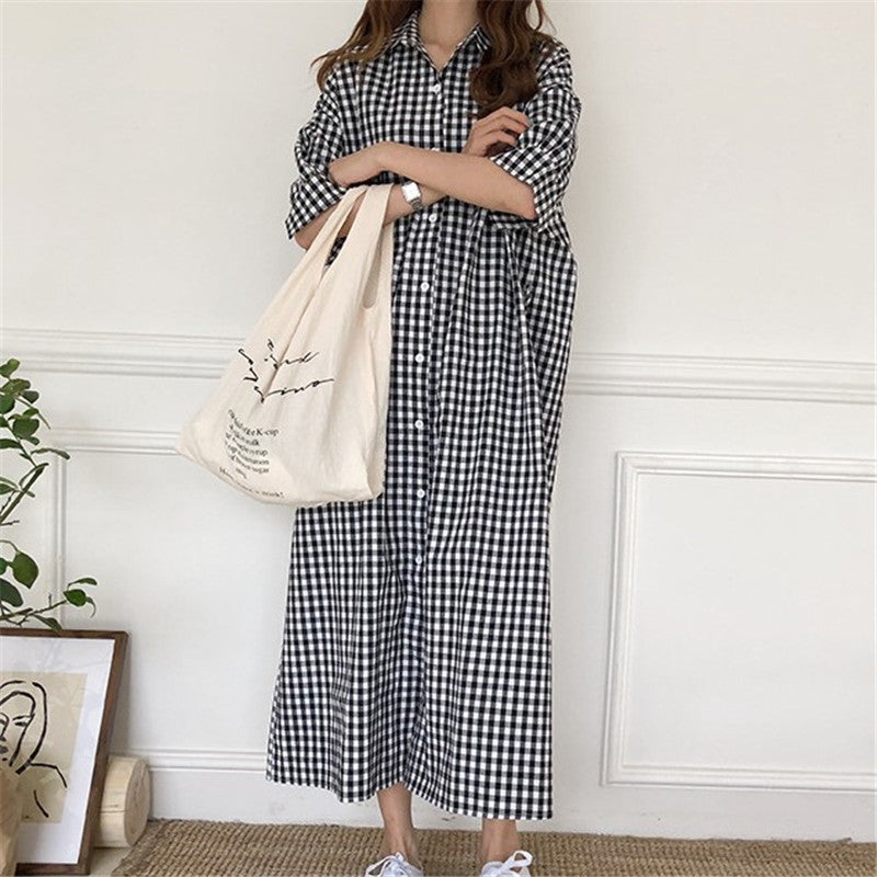 Harajuku Style Cotton Linen Dress Plaid — detail