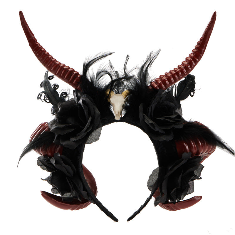 Gothic Dark Devil Horn Skull Halloween Red Antelope Horn Headband — scale reference