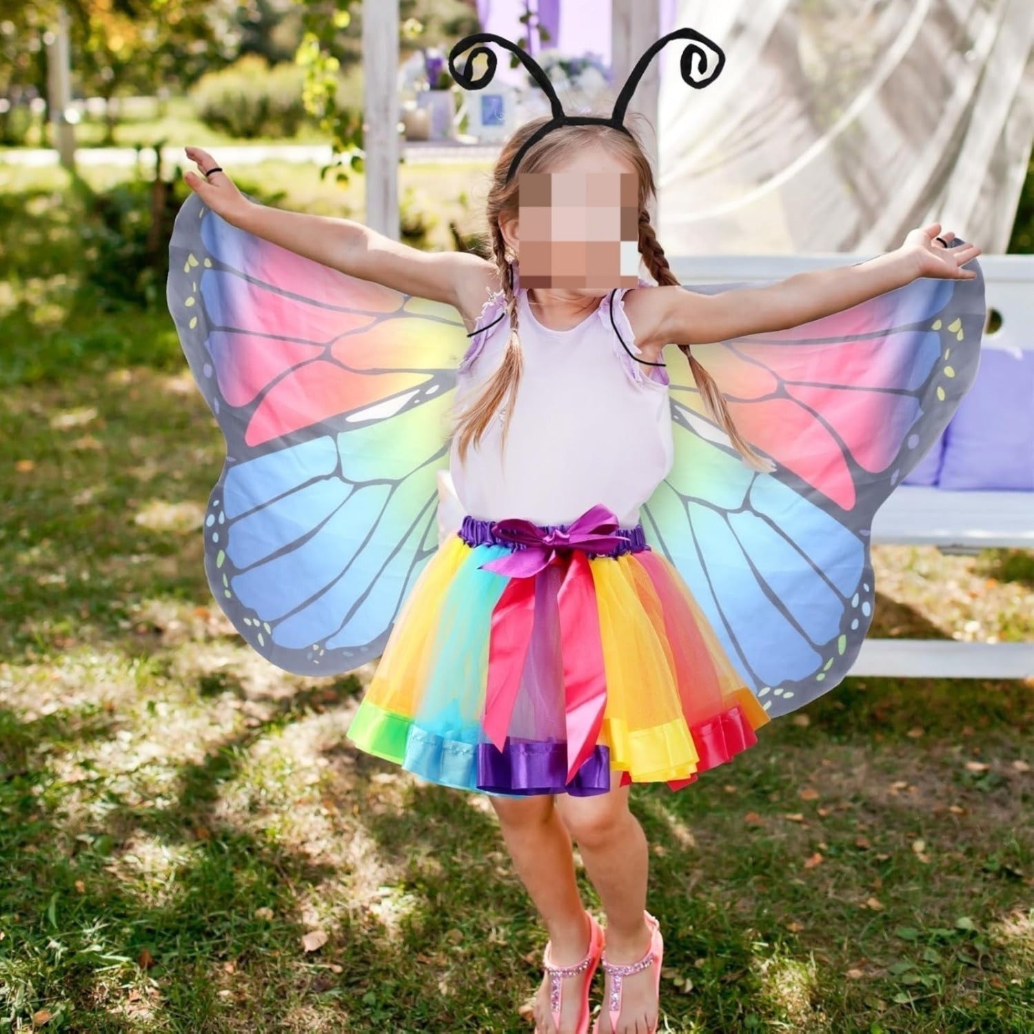 Butterfly Wings Set, 3-Piece Butterfly Costume With Wings, Antenna Headband, And Colorful Tulle Skirt—A Magical — side view
