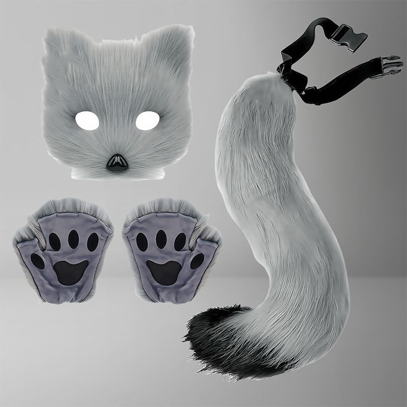 Cute Fox Mask Plush Cat's Paw Gloves Beast Tail Three-piece Set — side view