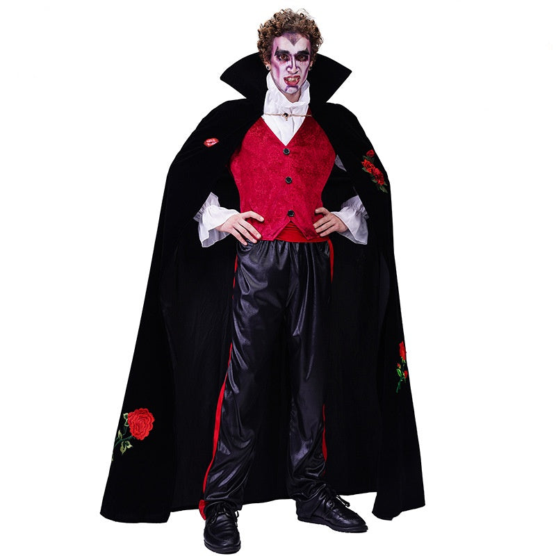 Couple's Halloween Rose Embroidery Vampire Stage Performance Party Costume — back view