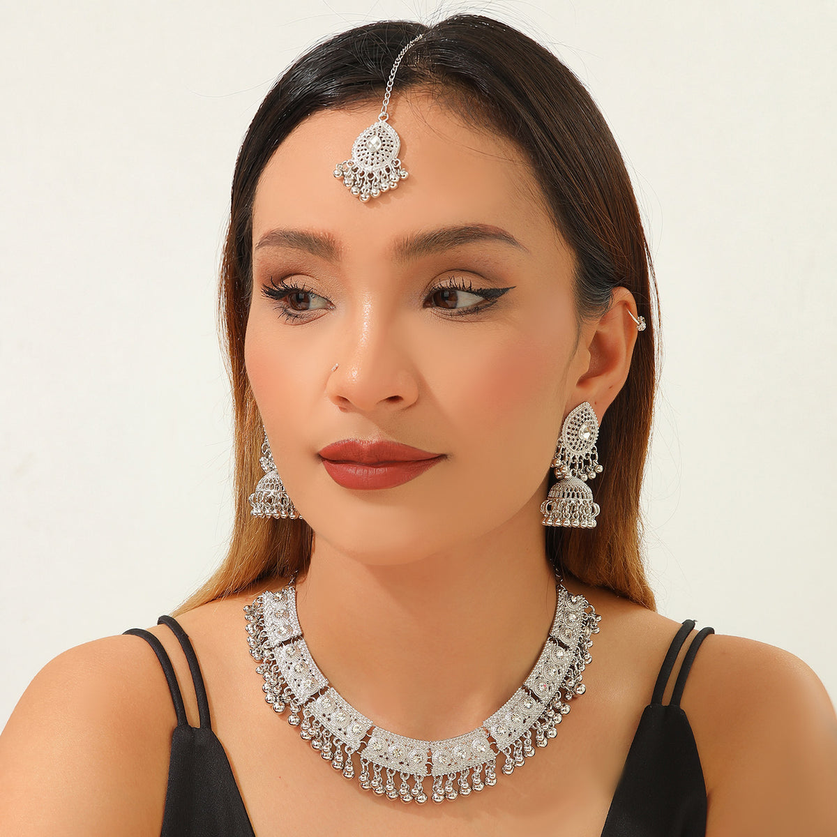 Bohemian Vintage Statement Necklace Earring Set, Ethnic Style Rhinestone Inlaid Jewelry Set For Women Party Festival Cosplay
