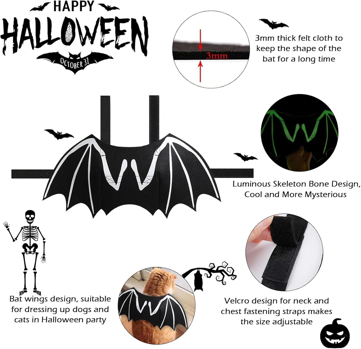 Dog Halloween Costumes Dog Bat Costume Cool Luminous Skeleton Bone Bat Wings Pets Cosplay Costumes Dress Up — back view