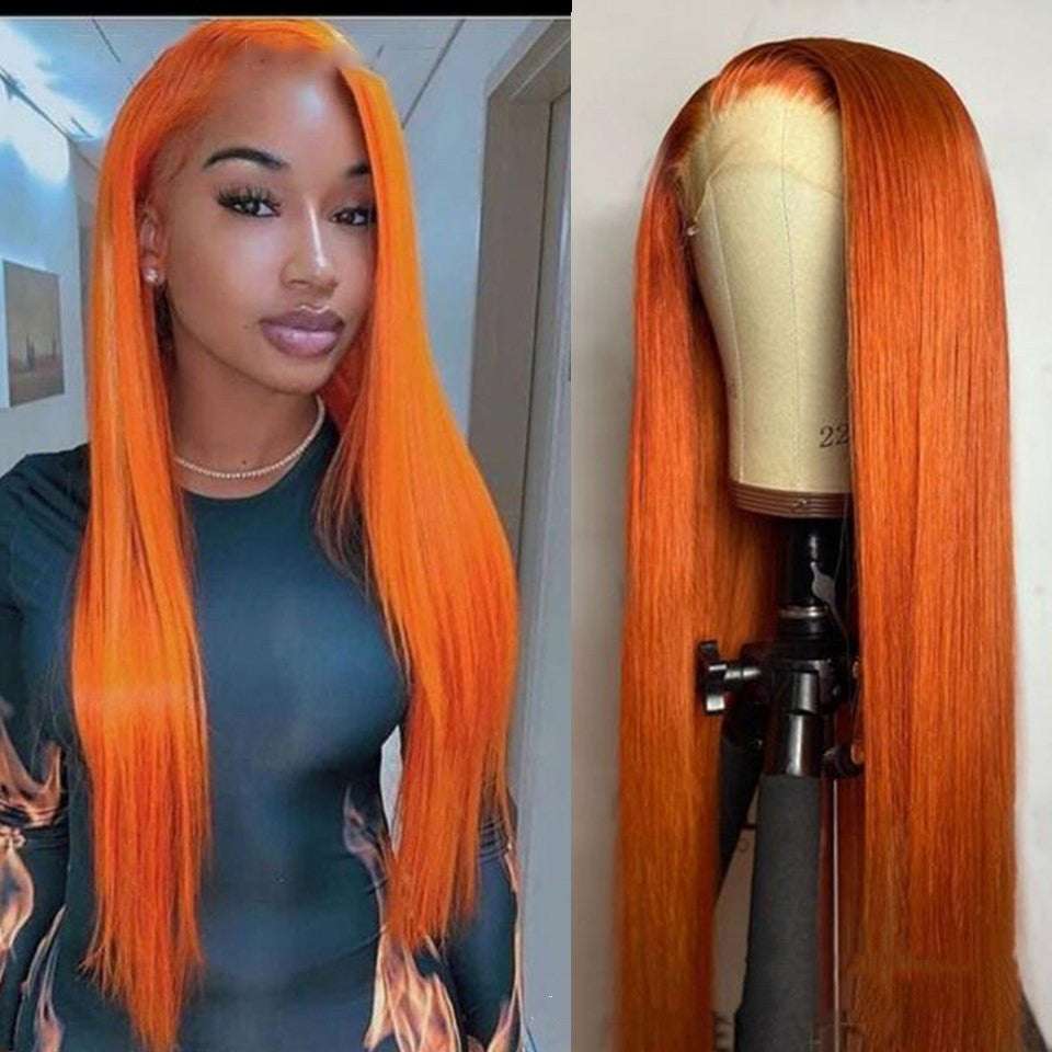 Split-Color Orange Long Straight Wig — side view