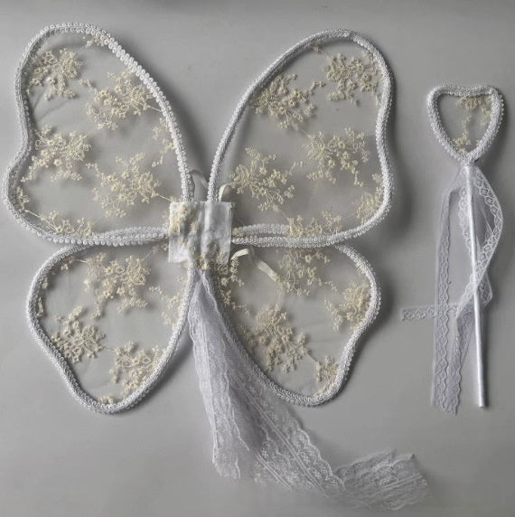 Angel & Demon Costume Wings Duo — Angel Lace Wings with Fairy Wand + Patent-Leather Demon Wings