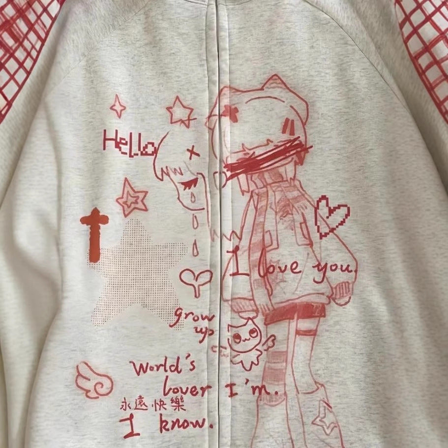 Striped Anime-Print Zip-Up Hoodie With Long Sleeves And A Hood — side view